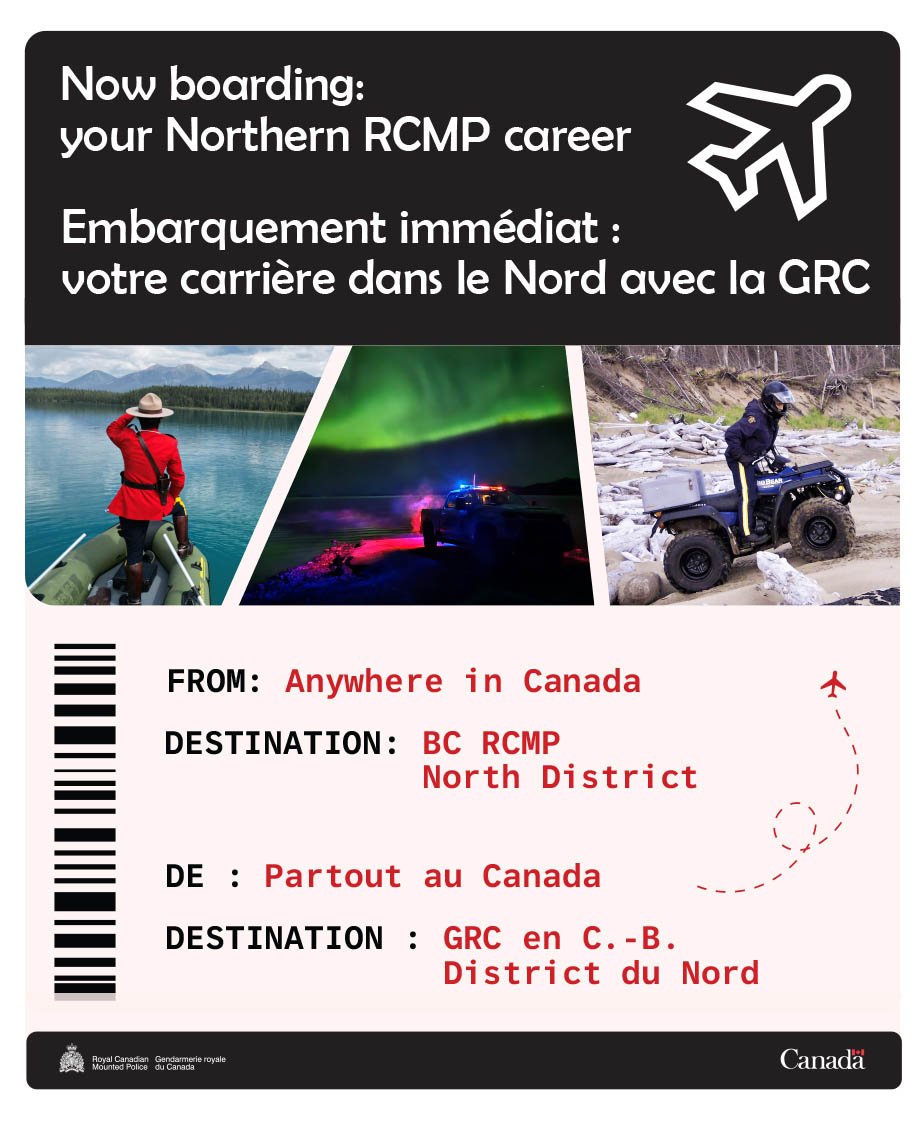 Now boarding: your Northern RCMP career - collage of photos in red serge, northern lights and on an ATV