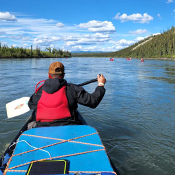 A person wearing a life jacket and a cap paddles along a river surrounded by coniferous trees. There are three other canoes in the distance.