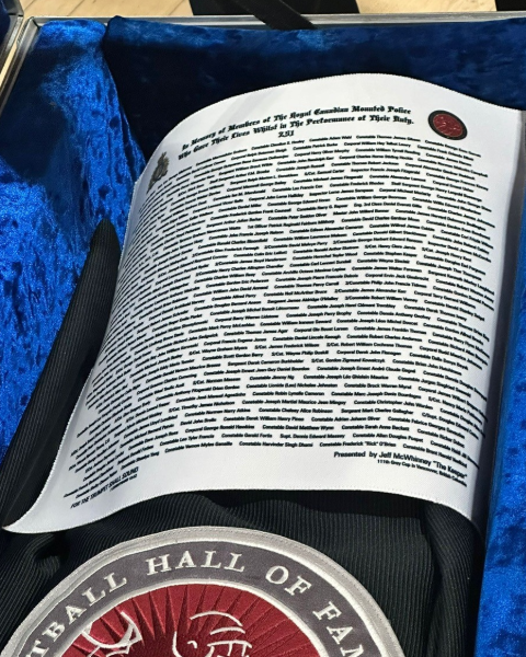 A close-up image of a small white blanket covering the top of a trophy lying in a blue-lined case.