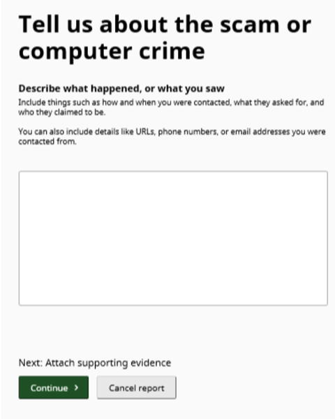 Screenshot of the new cybercrime and fraud reporting system