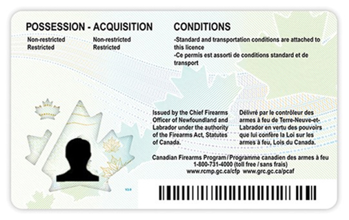 Sample of the back of the new Possession and Acquisition Licence card which includes the holder's photo, conditions, bar code and a maple leaf graphic.