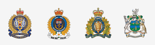 Crests for the Central Saanich, Oak Bay, and Saanich police departments and for the RCMP