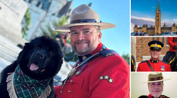 Composite of a Mountie in Red Serge next to a Newfoundland dog, with an inset of the parliament building.