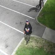 Photo of suspect #1 wearing camo green pants, black jacket and baseball hat