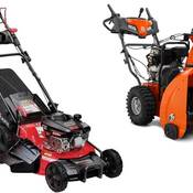 Two stock images – one image of a Benchmark 173cc gas lawn mower Model #BM-1740 and one image of a Husqvarna ST224 snow blower