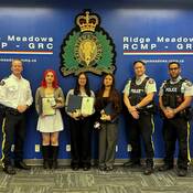 Insp. Martin Guay, Indiana Gerard, Chloe He, Sophia Jasemianaasi, S/Sgt. Mike Kwan, and Sgt. Marcel Pinto at award ceremony.