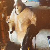 A still image of the suspect taken from video surveillance. The suspect is carrying a black duffle bag and is seen wearing a full-face mask, a white coat, white pants and has a hood up.