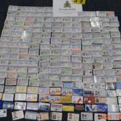Approximately two hundred blurred identification cards displayed on the floor.
