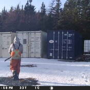 A person is visible from behind as they walk toward the same shipping container, during the daylight.