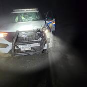 Damage to Salmon Arm police vehicle after being rammed.