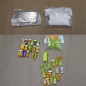 A collage of two images.  One shows two clear evidence bags containing cocaine.  The other shows a number of bottles of various pills.