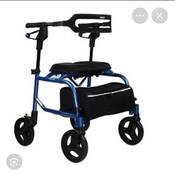 A black and blue walker with four wheels and a seat.