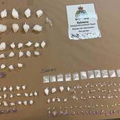 Laid out display of suspected illicit drugs, believed to include cocaine, fentanyl, and methamphetamine. Display is divided into four respective groupings.
