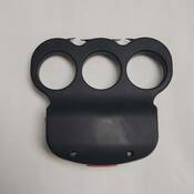 The side view of a rechargeable stun gun shaped like a pair of brass knuckles, and is comprised of plastic and metal.