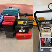 Recovered property: Ground tamper, golf equipment, stack of power tool cases