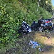 Corolla in east bound ditch on Hwy 1 east of Salmon Arm. Semi in the distance that was struck by the Corolla.