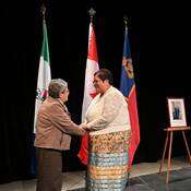 Commissioner of Yukon, Adeline Webber presenting an award to Betty Gaywish
