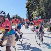 Photo of the Cops for Cancer riders departing from the Mission RCMP detachment.