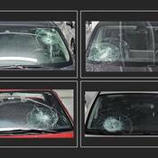 A collage of four smashed windshields.