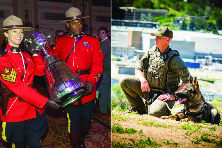 A composite image of two men: one in a tactical police uniform next to a German Shepherd dog. The other, of a Mountie in Red Serge carrying the CFL grey cup.