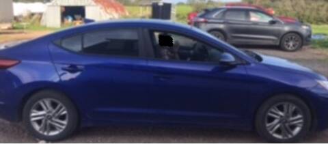 Surveillance image of blue 2020 Hyundai Elantra stolen from Main Street business in Sussex Corner, New Brunswick