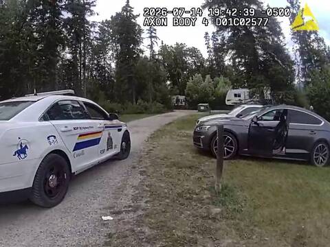 Thumbnail: BC Highway Patrol body worn camera shows an Audi as it was located in a campground during an excessive speeding investigation