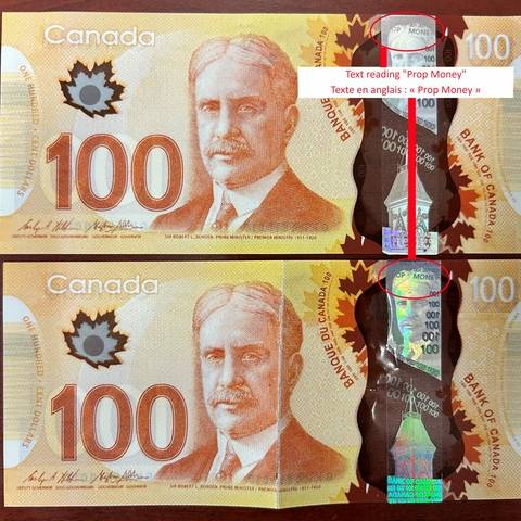 Two counterfeit $100 bills. At the top of the metallic portion, prop money is written in English, in small text.