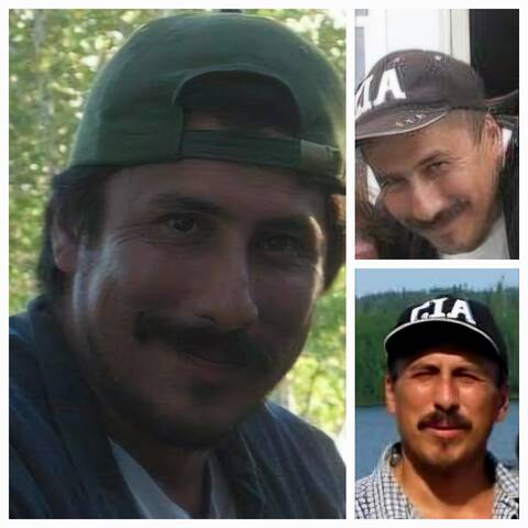 Three photos of the same adult male. He is wearing a ball cap in each photo and has a dark brown moustache.