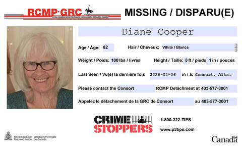 Missing Senior Alert: Search for Diane Cooper Near Hoosier, Sask. 7 Photo of missing woman Diane Cooper released by Consort RCMP