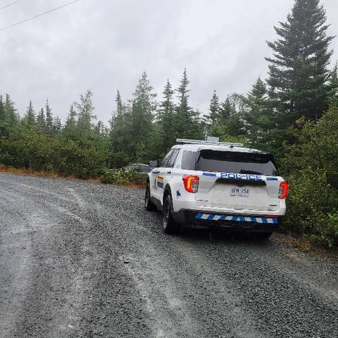 A Bay Roberts RCMP vehicle stopped on the right shoulder of a gravel roadway. A dark coloured vehicle is seen in the wooded area just beyond the police vehicle