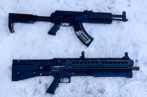 Two firearms on white background. | Véhicules de police menant une initiative de sécurité routière près de Stanley Mission.