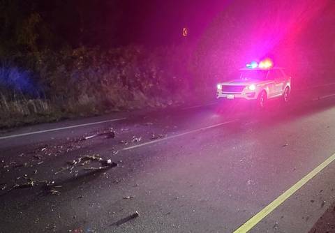 A BC Highway Patrol cruiser at the scene of a collision where a black Audi crashed and caught fire on Highway #1 near Nanaimo, killing the passenger