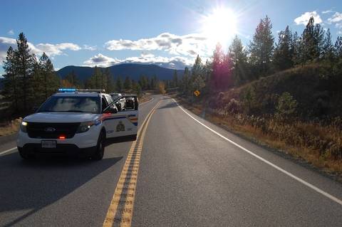 BC Highway Patrol vehicles stopped at the scene of a serious motorcycle crash on Highway 97C. Police are looking for witnesses and video