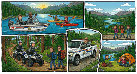 Cartoon photo of RCMP officers in the wilderness: Riding ATVs, driving a police pickup truck, and driving a police boat on a lake, alongside photos of people kayaking on a lake, people sitting outside a tent, and people hiking along a forest trail.