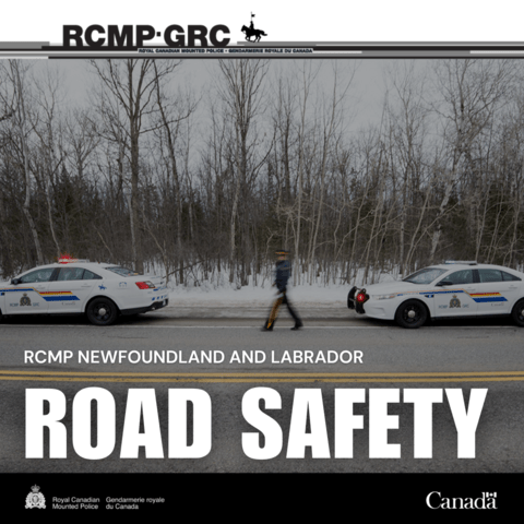 A wide-angle photo of two police cars parked on the side of a road. The trees behind are bare and there is snow on the ground. A police officer is walking between the cars. The words “ROAD SAFETY” and “RCMP NEWFOUNDLAND AND LABRADOR" are on the image.