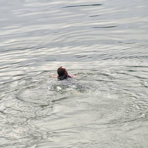 Balding man with a beard swimming in the North Thompson River in Kamloops, B.C.