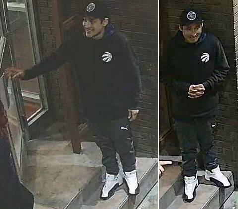 Unidentified male suspect in black hat, black Toronto Raptors hoodie, black Puma pants, and white and black shoes involved in North Battleford municipal building break-in