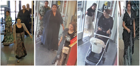 Four photos of women entering retail stores