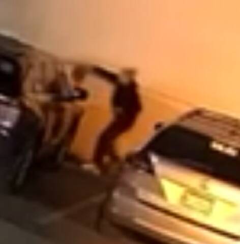 Left side view of suspect walking between two vehicles.