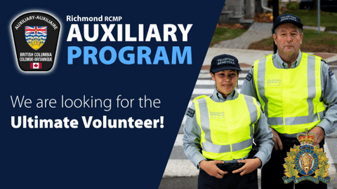 Two RCMP Auxiliary volunteers. The text reads 'We are looking for the Ultimate Volunteer!'