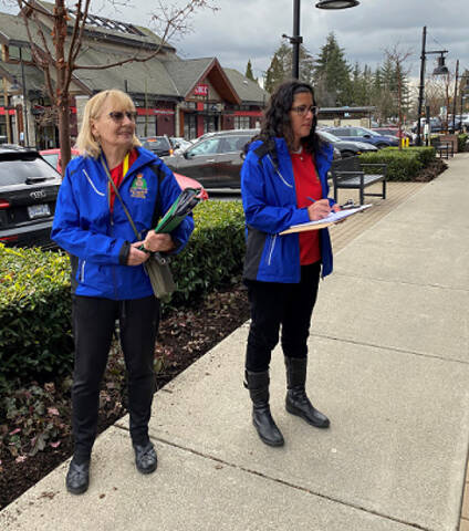 Two women with clipboards on a sidewalk inspecting a storefront