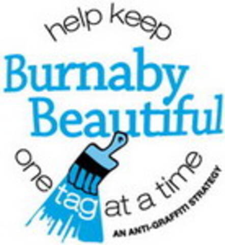 A cartoon paintbrush with the words "help keep Burnaby beautiiful one tag at a time"