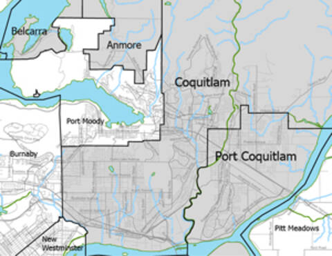 Map showing from top left to bottom right,: the Village of Belcarra, the Village of Anmore, the City of Coquitlam, and the City of Port Coquitlam