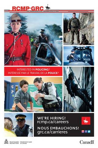 Poster that reads: 'Interested in Policing? We're Hiring! rcmp.ca/careers'
