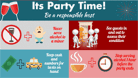 It's party time graphic, showing wine glasses, taxi and a clock